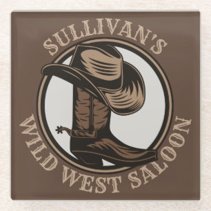Personalised Wild West Saloon Western Cowboy Boots Glass Coaster