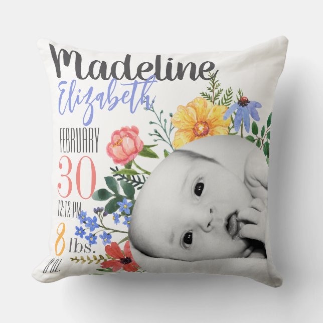 Personalised Wildflower Birth Announcement Pillow (Front)