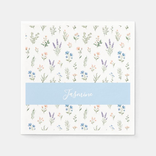 Personalised Wildflower Custom Name Floral Blue Napkin (Front)