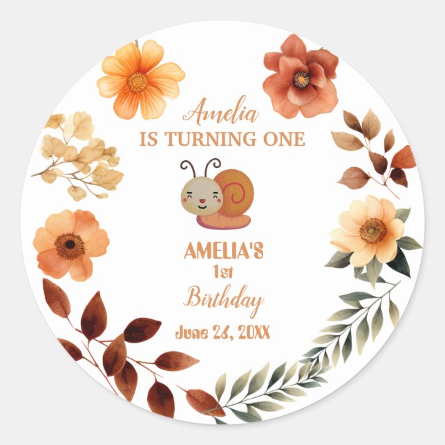 Personalised wildflower girl 1st birthday classic round sticker (Front)