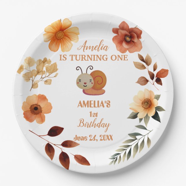 Personalised wildflower girl 1st birthday paper plate (Front)