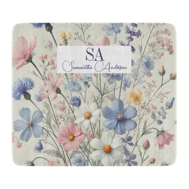 Personalised Wildflower with Monogram & Name  Cutting Board (Front)