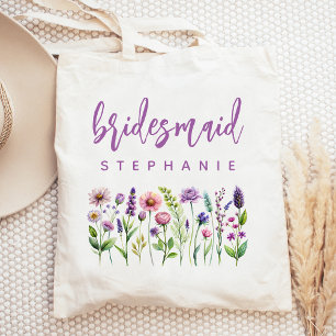 Personalised Wildflowers Purple Script Bridesmaid Tote Bag