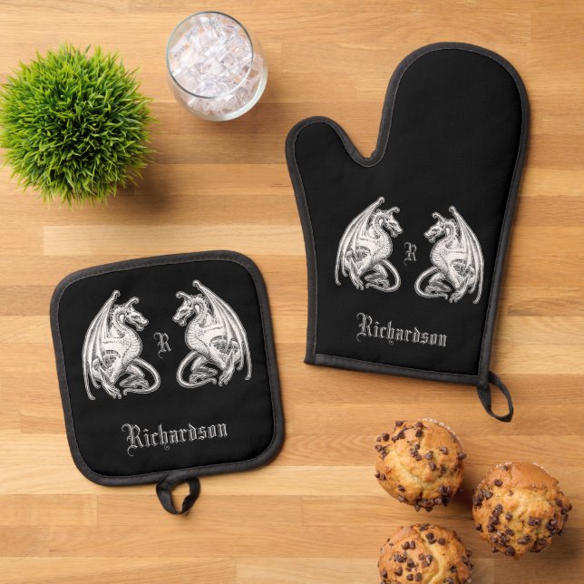 Personalised Winged Dragons  Oven Mitt & Pot Holder Set (Top Down)