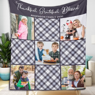Personalised Winter Blue Grey Plaid Photo Collage Fleece Blanket