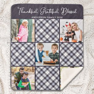 Personalised Winter Blue Grey Plaid Photo Collage Sherpa Blanket