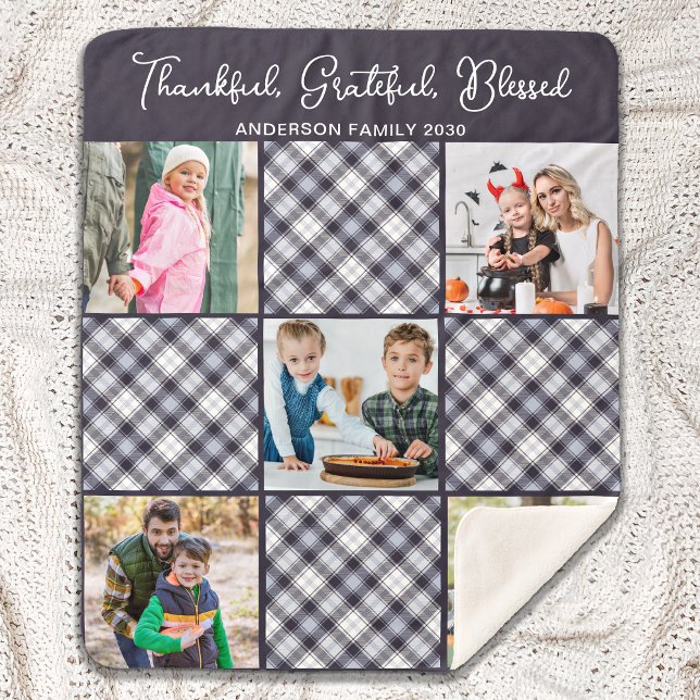 Personalised Winter Blue Grey Plaid Photo Collage  Sherpa Blanket (Creator Uploaded)