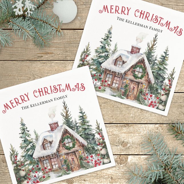 Personalised  Winter Christmas Napkin (Festive Winter Watercolor Christmas Napkins)