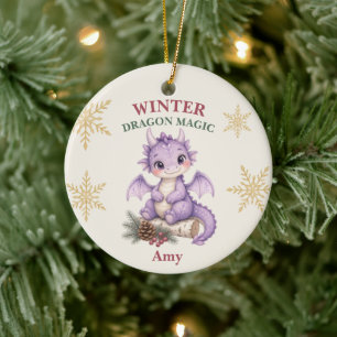 Personalised Winter Dragon Magic Watercolor Ceramic Tree Decoration