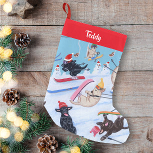 Personalised Winter Fun Christmas Skiing Labradors Small Christmas Stocking