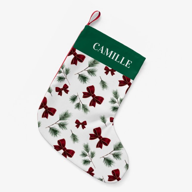 Personalised Winter Greenery & Red Bow Small Christmas Stocking (Front (Hanging))