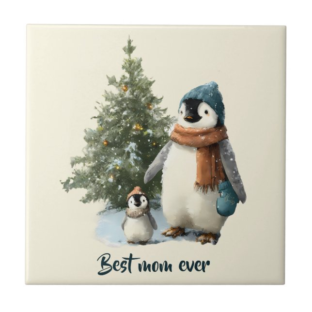Personalised Winter Penguin “Best Mum Ever” Tile (Front)
