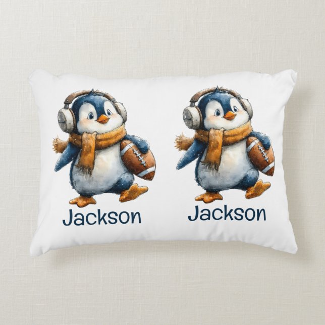 Personalised Winter Penguin Football Kid Decorative Cushion (Front)