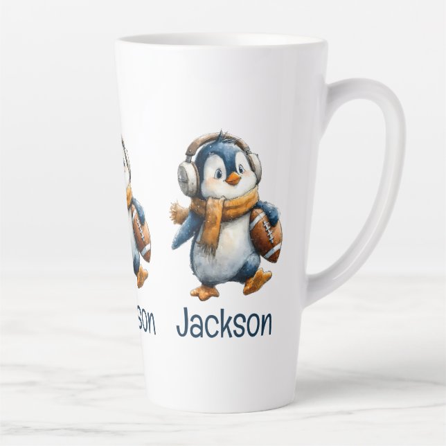 Personalised Winter Penguin Football Kid Latte Mug (Right)
