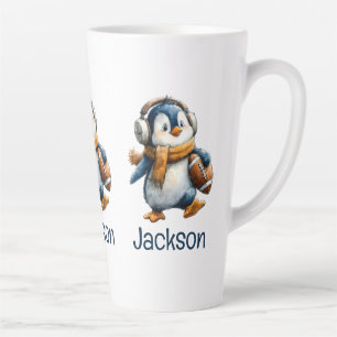 Personalised Winter Penguin Football Kid Latte Mug