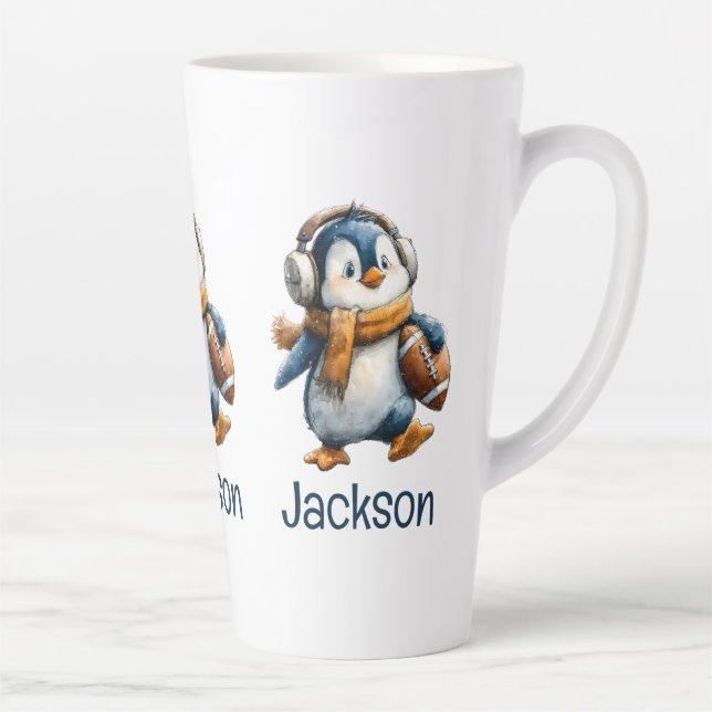 Personalised Winter Penguin Football Kid Latte Mug (Right)