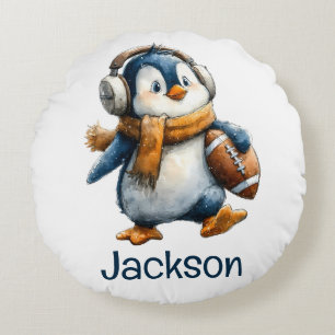Personalised Winter Penguin Football Kid Round Cushion