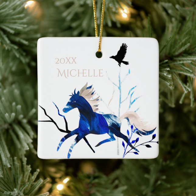 Personalised Winter Pony and Crow Horse Christmas Ceramic Ornament (Tree)