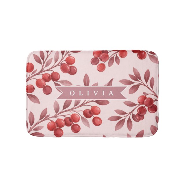 Personalised Winter Red Berry Botanical Cottage Bath Mat (Front)