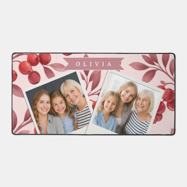 Personalised Winter Red Berry Botanical Cottage Desk Mat (Front)