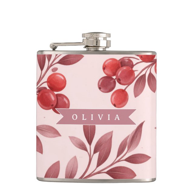 Personalised Winter Red Berry Botanical Cottage Hip Flask (Front)