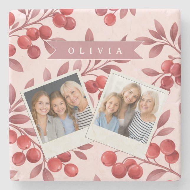 Personalised Winter Red Berry Botanical Cottage Stone Coaster (Front)