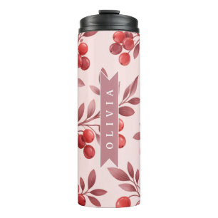 Personalised Winter Red Berry Botanical Cottage Thermal Tumbler