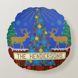 Personalised Winter Reindeer Christmas Tree Scene Round Cushion