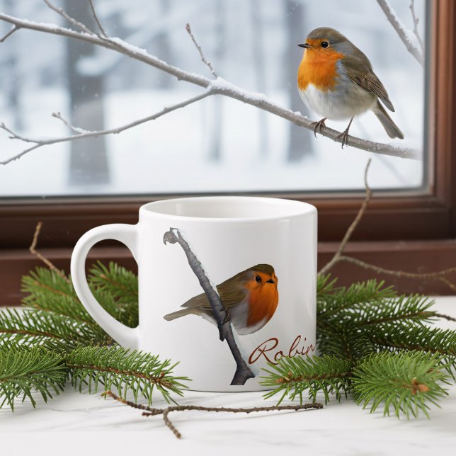 Personalised Winter Robin Bird Espresso Cup (Bring the beauty of nature indoors with this enchanting personalized robin espresso cup.)