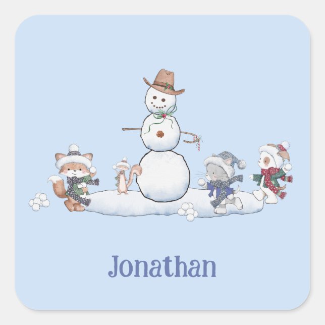 Personalised Winter Snowball Fight Animals  Square Sticker (Front)