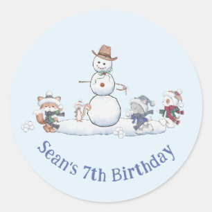 Personalised Winter Snowball Fight Birthday Custom Classic Round Sticker