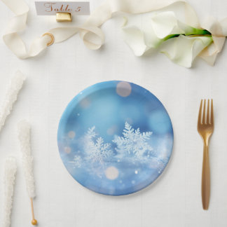 Personalised Winter Snowflakes Blue Bokeh Paper Plate