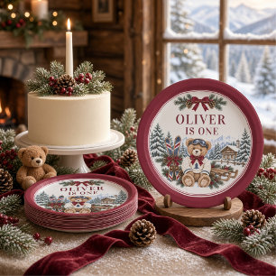 Personalised Winter Teddy Bear Burgundy Bow Paper Plate