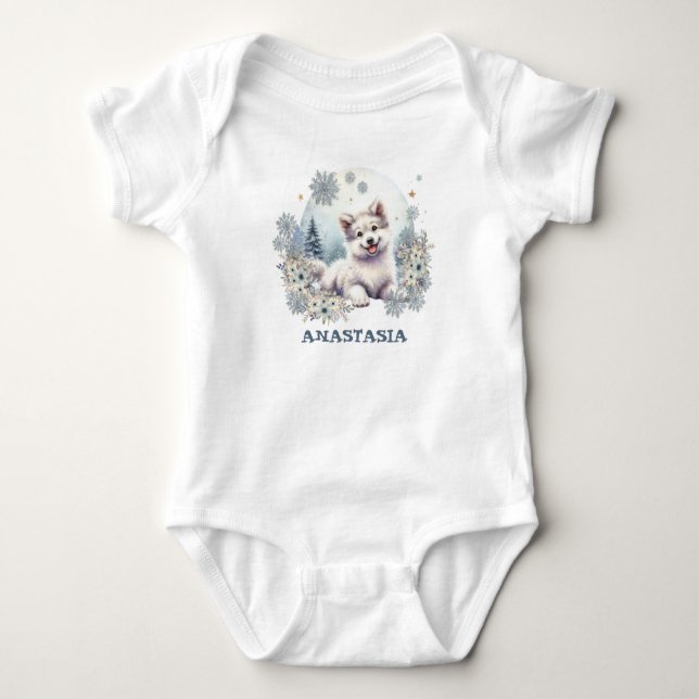 Personalised Winter theme cute wolf dog watercolor Baby Bodysuit (Front)