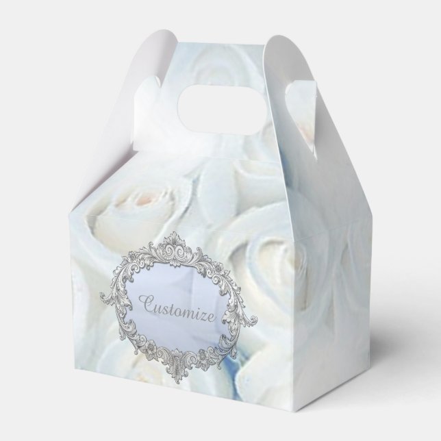 Personalised Winter White Roses Gable Favour Box (Front Side)