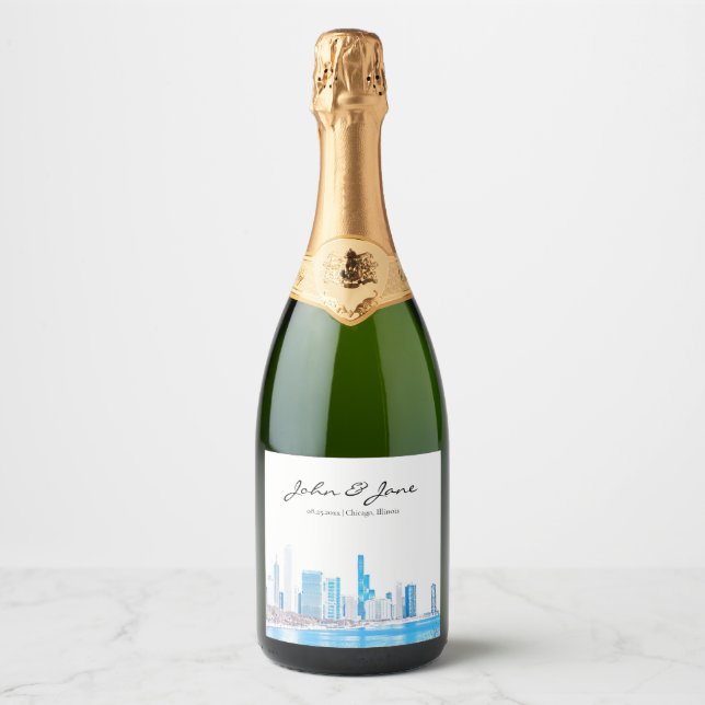 Personalised Wintery Chicago Skyline Sparkling Win Wine Label (Front)