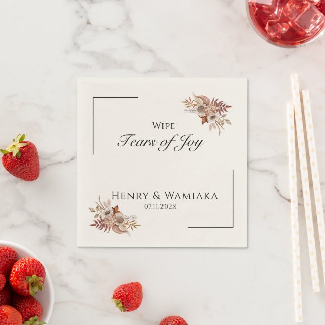 Personalised Wipe Tears of Joy Tears Boho Wedding Napkin (Insitu)