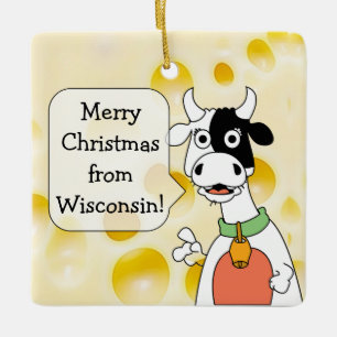 Personalised Wisconsin Cow and Cheese Christmas Ceramic Ornament