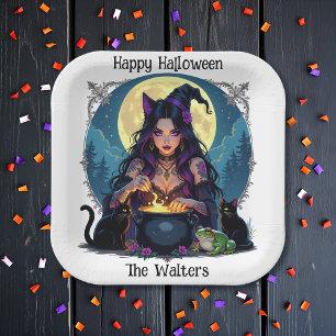 Personalised Witch and Cauldron Halloween Paper Plate