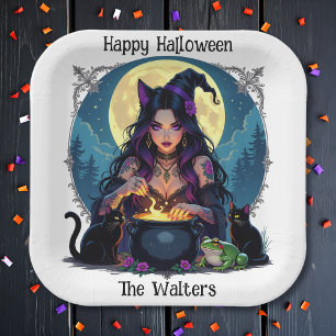 Personalised Witch and Cauldron Halloween Paper Plate