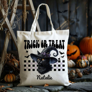 Personalised Witch Black Cat Trick Or Treat Candy Tote Bag
