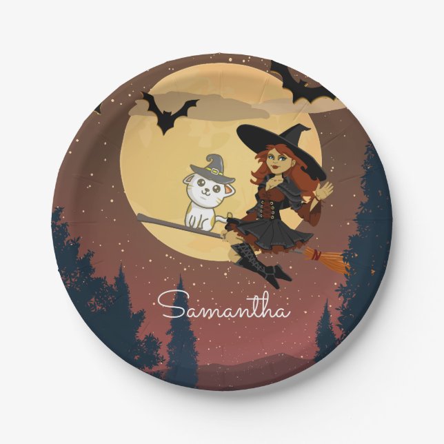 Personalised Witch Cat Happy Halloween Name Paper Plate (Front)
