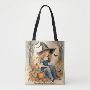 Personalised Witch Girl Halloween Candy Tote Bag