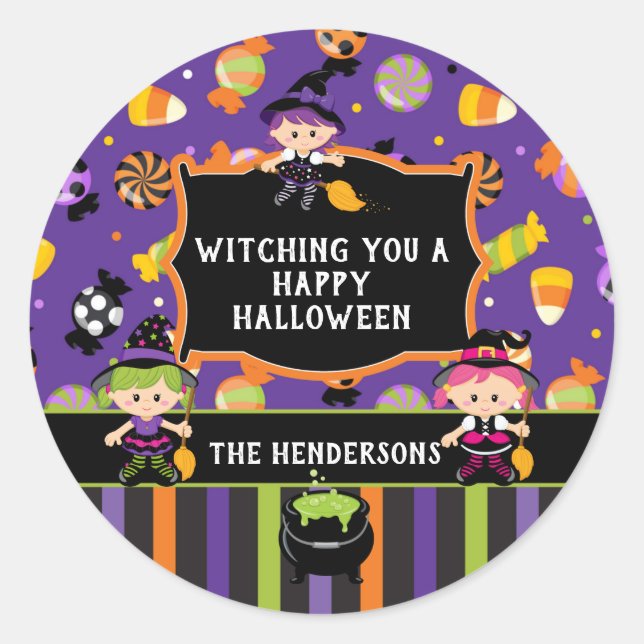 Personalised Witch Happy Halloween Classic Round Sticker (Front)