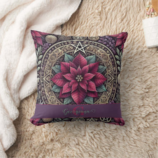 Personalised Witchy Poinsettia Pentagram Mandala Cushion