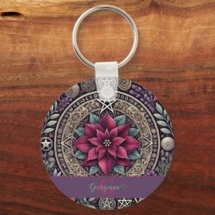Personalised Witchy Poinsettia Pentagram Mandala Key Ring
