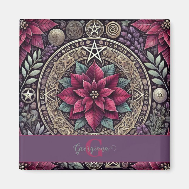 Personalised Witchy Poinsettia Pentagram Mandala Magnet (Front)