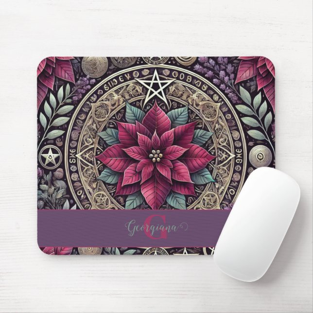 Personalised Witchy Poinsettia Pentagram Mandala Mouse Pad (With Mouse)