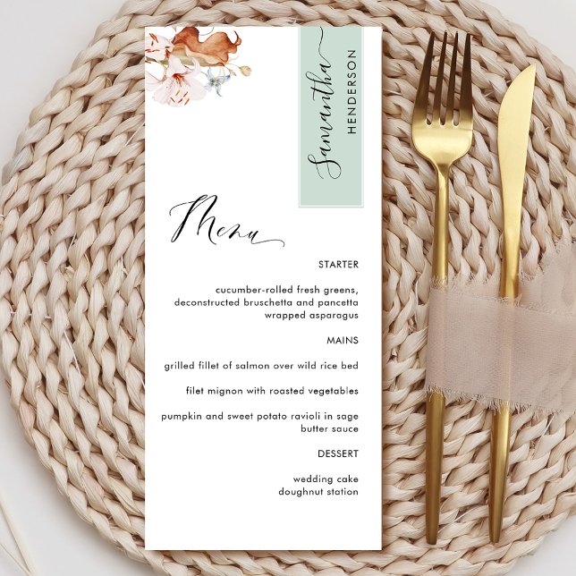 Personalised with Guest Name, Green Earthy Blooms  Menu (Creator Uploaded)