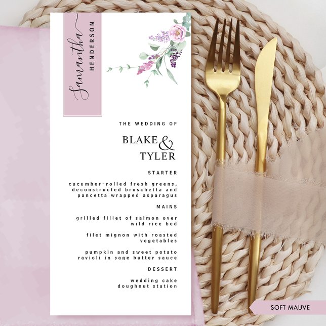 Personalised with Guest Name, Mauve Floral Wedding Menu (Creator Uploaded)